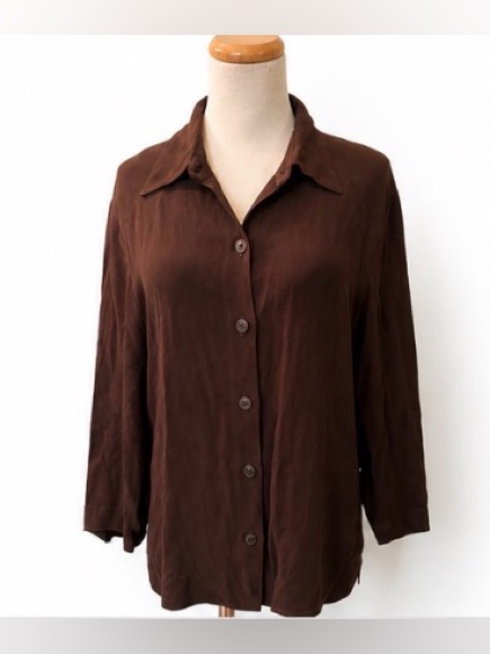 [Carole Little] Brown Silky Button Front Blouse Top Made USA Size S